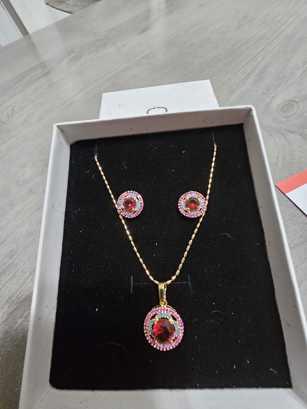 Gold-Tone Pink & Red Crystal Pendant Necklace and Earring Set